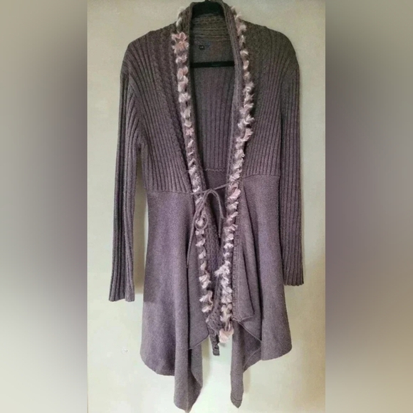 I.D.O La Vie | Long Brown Cardigan with Real Rabbit Fur Detail & String, Size L - Picture 2 of 7